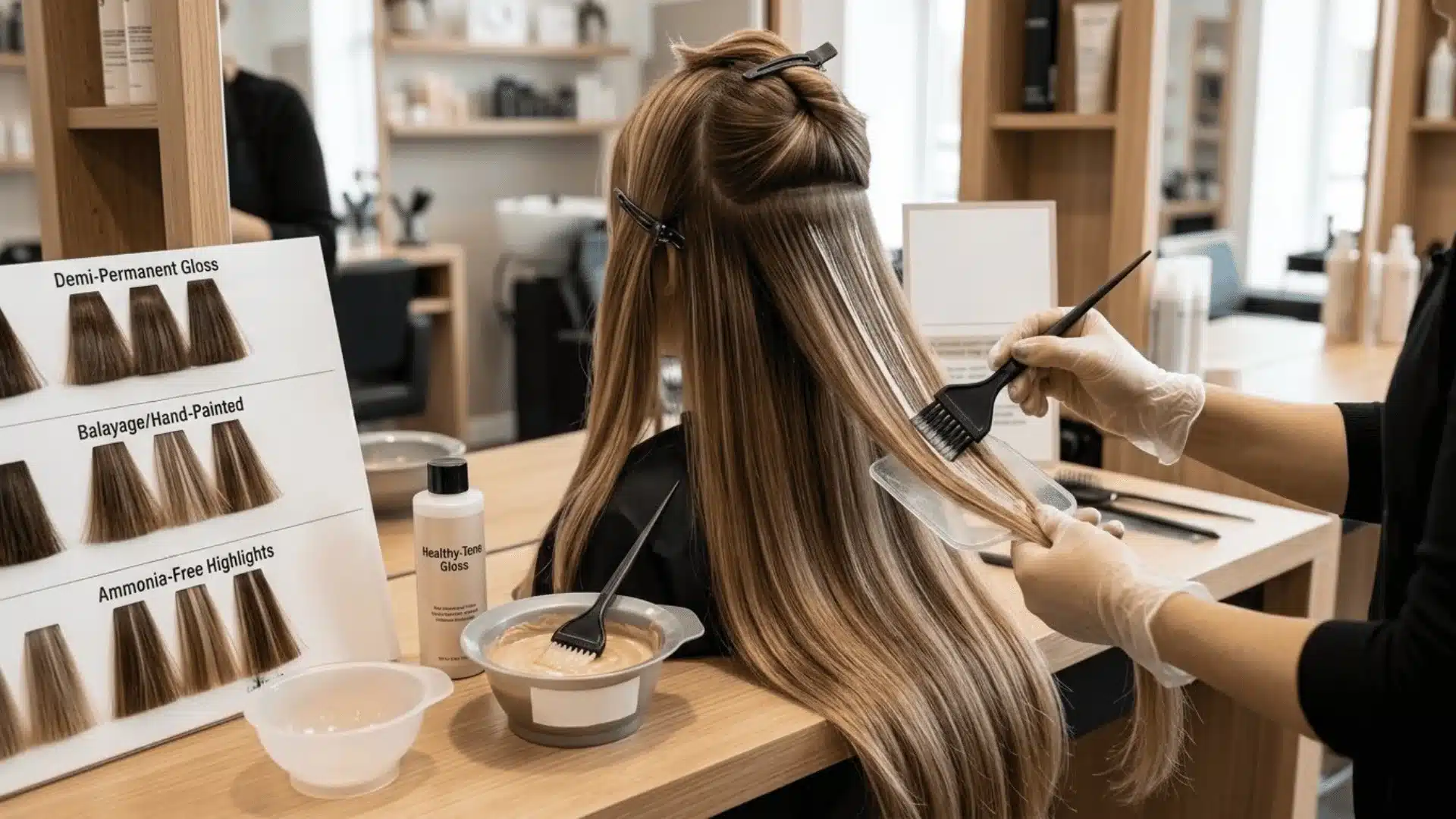 least damaging hair color techniques showing balayage, demi color and gloss methods used to protect hair strength