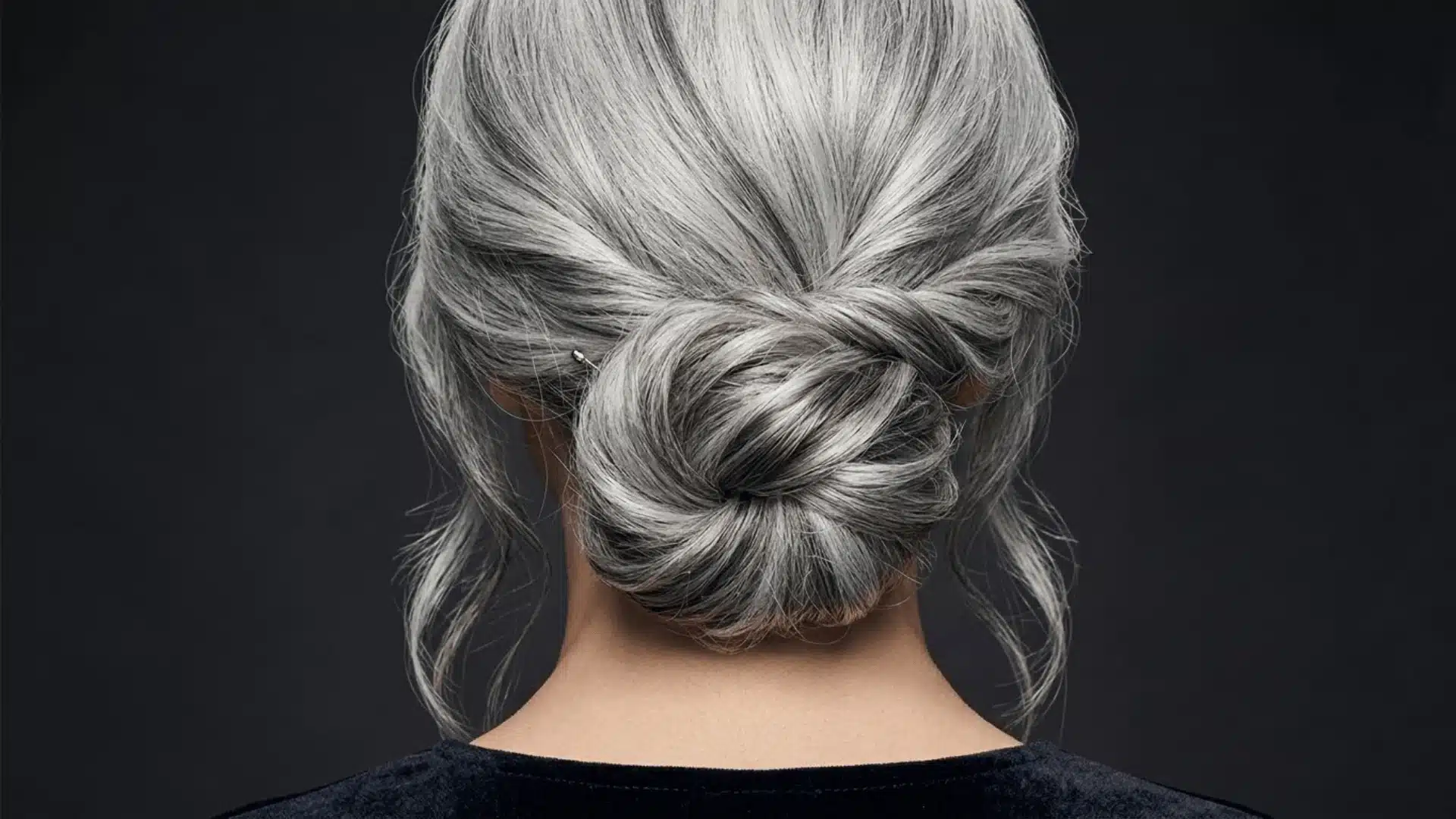 silver gray hair bun with charcoal lowlights creating elegant dimensional tone