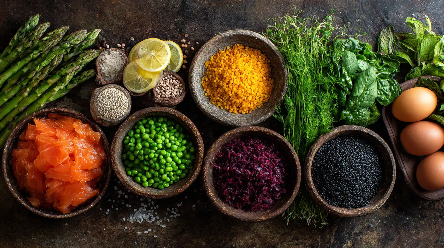 view of various healthy ingredients including salmon, peas, lentils, asparagus, greens, and eggs arranged in dark bowls on a surface