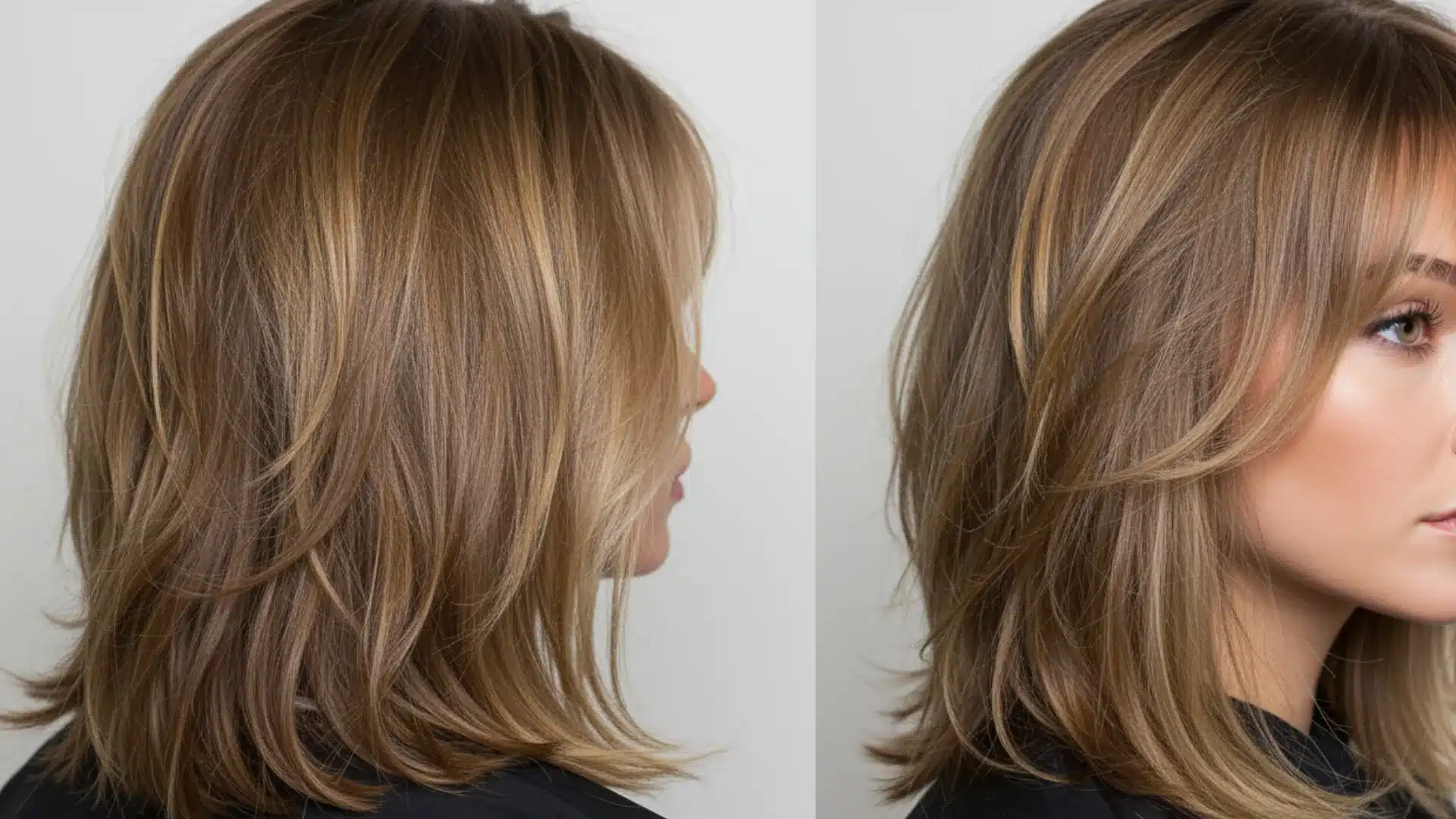 A woman with layered, shoulder-length blonde hair and soft highlights is shown from side angles