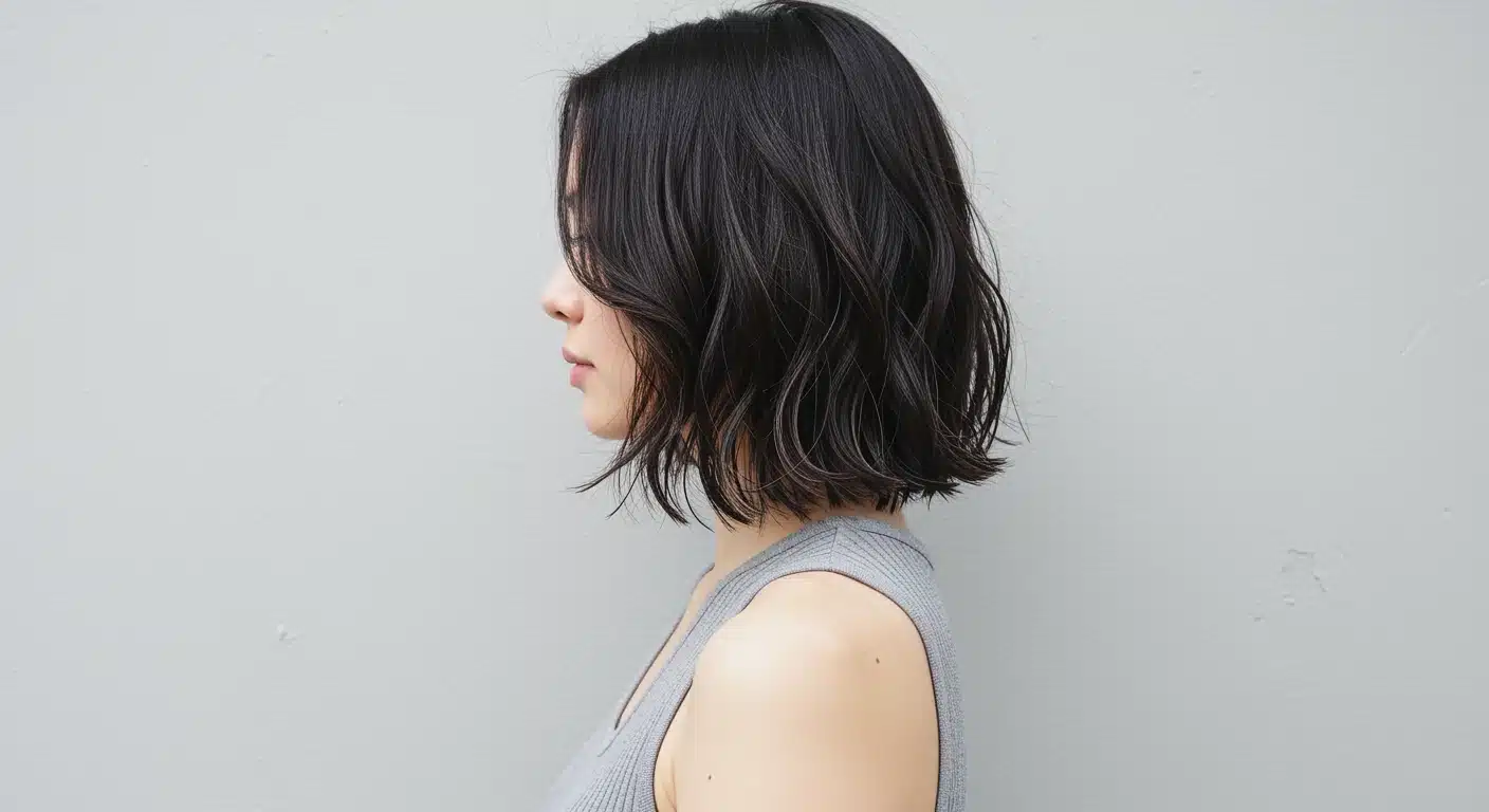 A woman with short, wavy black hair in a bob cut, wearing a sleeveless gray top, stands in profile against a plain light gray background.