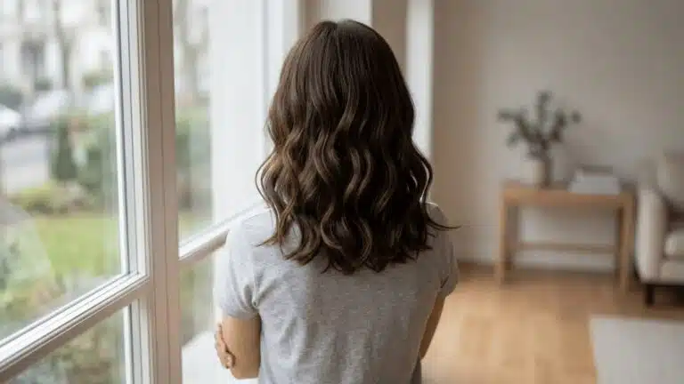 Back view of shoulder length 2A wavy hair showing soft natural S shaped wave pattern.