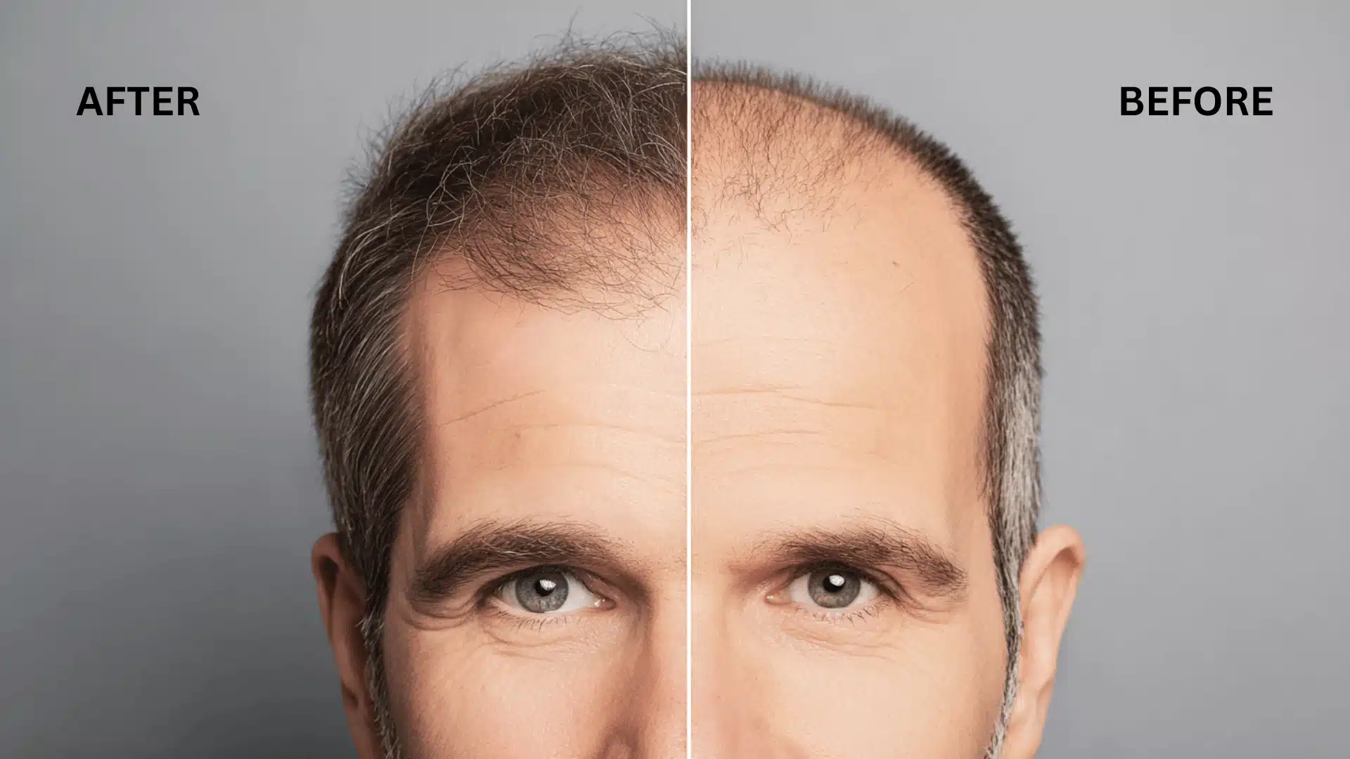 Before and after images of a man with hair loss demonstrating noticeable improvement following exosome treatment