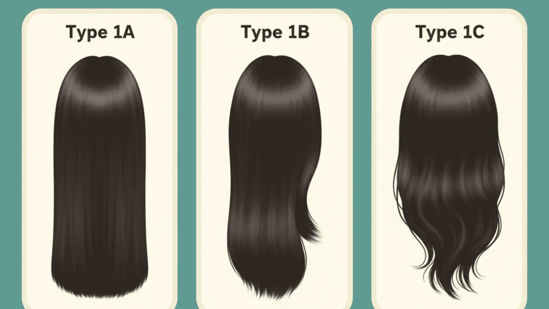 Chart showing straight hair types 1A, 1B, and 1C with increasing texture from sleek straight to slight waves.