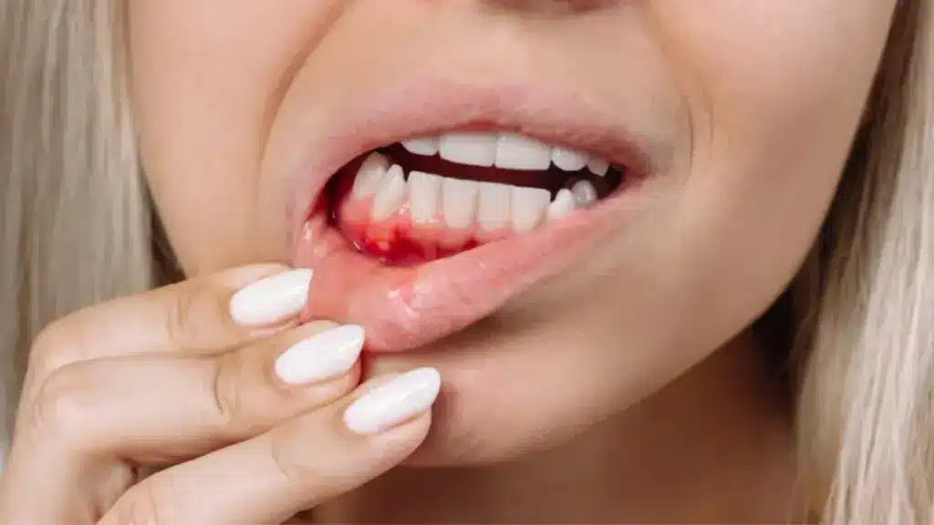 Close-up of a person with light blonde hair exposing their lower gum line, revealing inflamed, bleeding gums and small sores