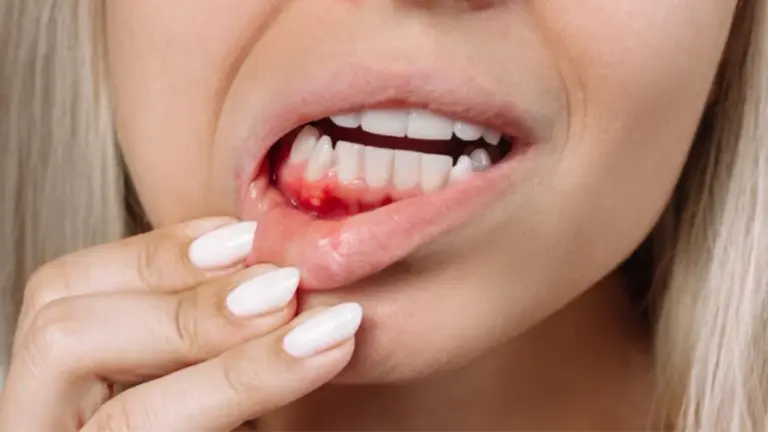 Close-up of a person with light blonde hair exposing their lower gum line, revealing inflamed, bleeding gums and small sores