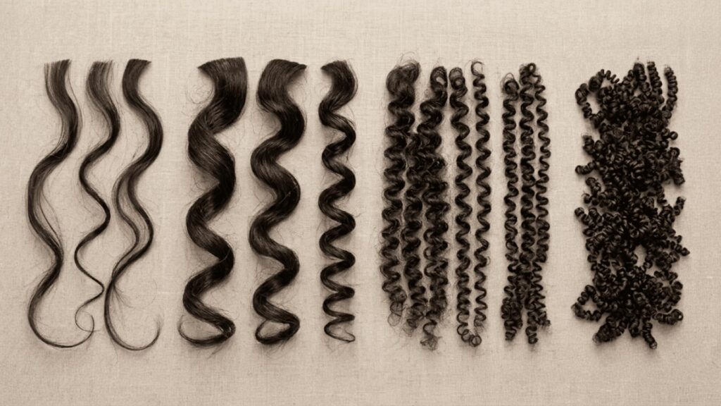 Hair strands arranged from loose waves to tight 4C coils showing different curl patterns.