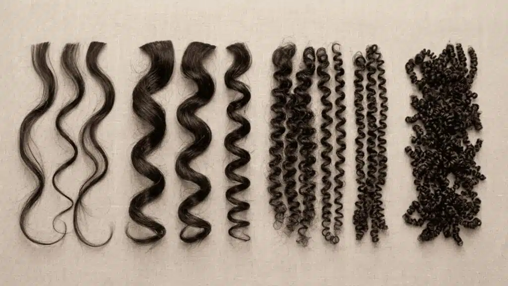 Hair strands arranged from loose waves to tight 4C coils showing different curl patterns.