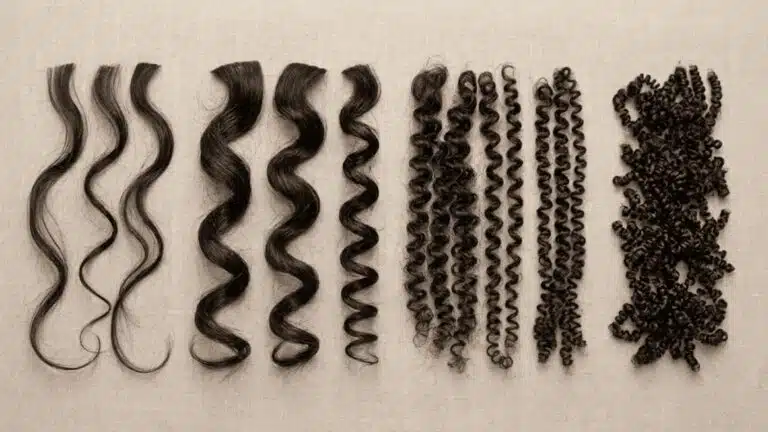 Hair strands arranged from loose waves to tight 4C coils showing different curl patterns.