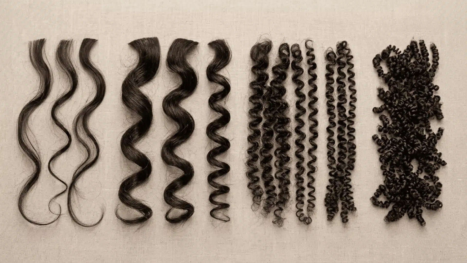 Hair strands arranged from loose waves to tight 4C coils showing different curl patterns.