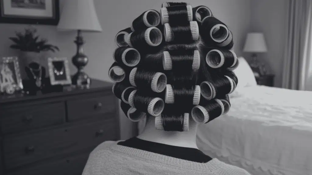 View from behind of dark hair tightly set in numerous pink and yellow plastic hair rollers inside a brightly lit bedroom.