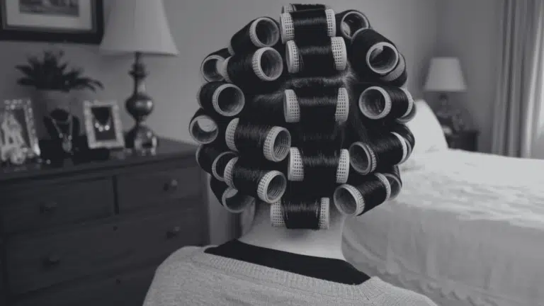 View from behind of dark hair tightly set in numerous pink and yellow plastic hair rollers inside a brightly lit bedroom.