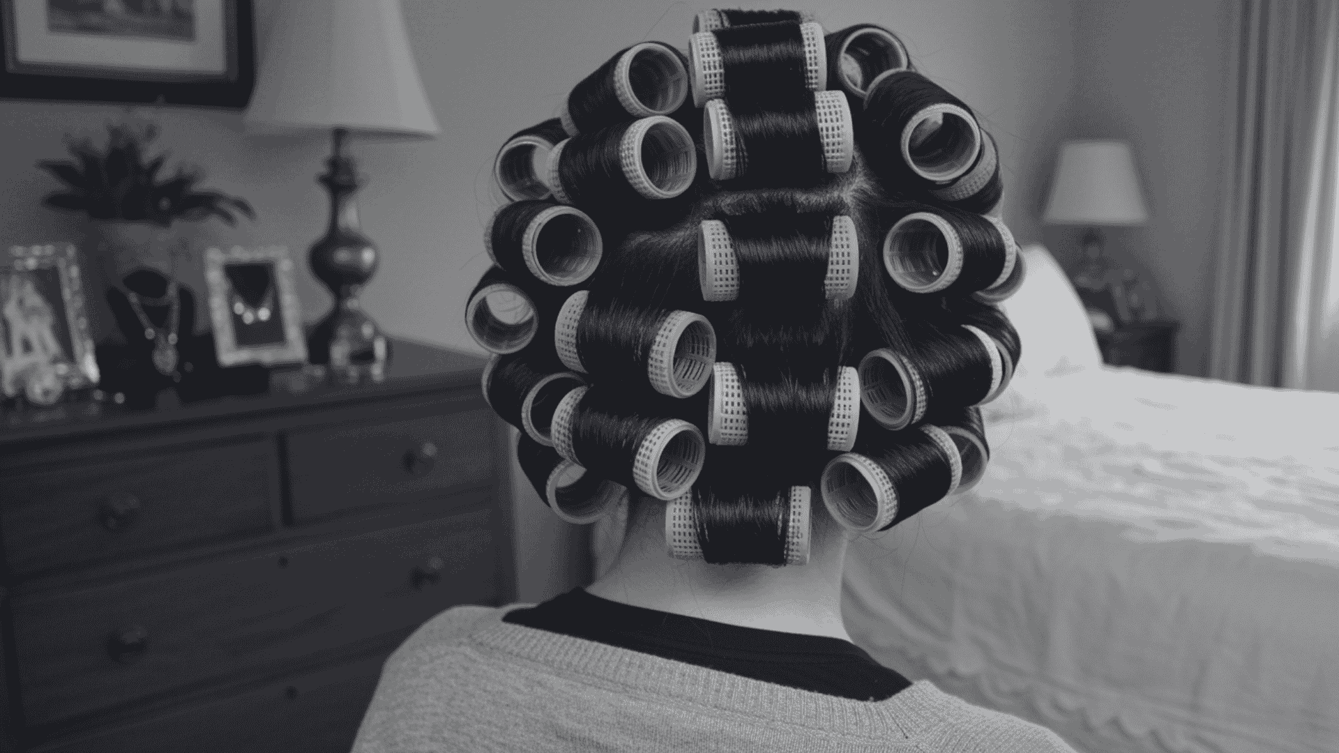 View from behind of dark hair tightly set in numerous pink and yellow plastic hair rollers inside a brightly lit bedroom.