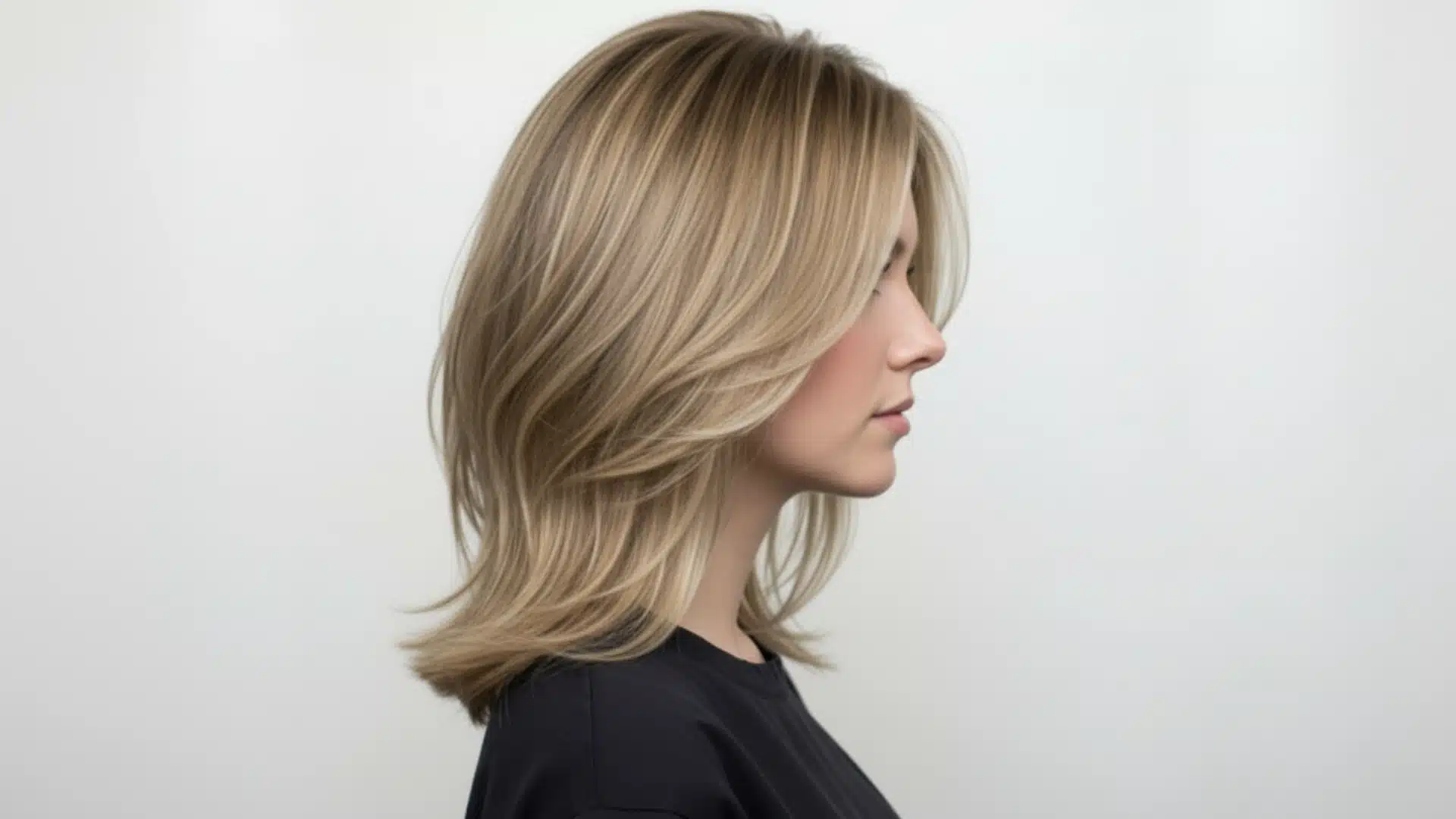 Woman in profile with shoulder-length, layered blonde hair, wearing a black shirt against a neutral background