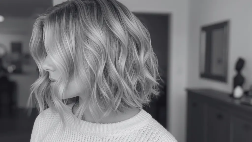 Woman with platinum blonde, wavy, textured lob haircut wearing a white knit sweater indoors.