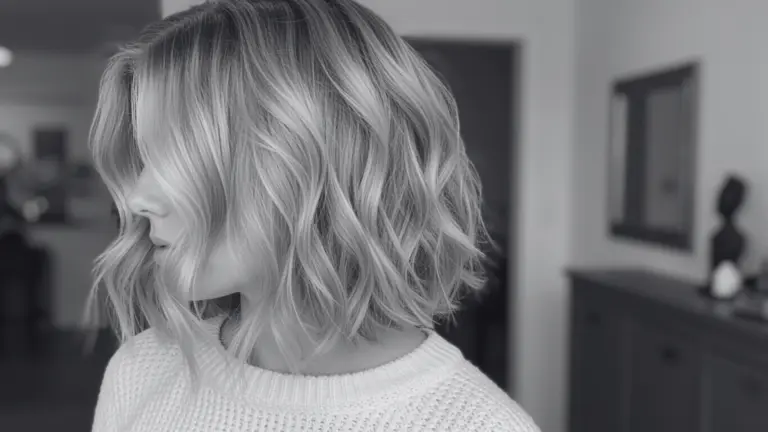 Woman with platinum blonde, wavy, textured lob haircut wearing a white knit sweater indoors.