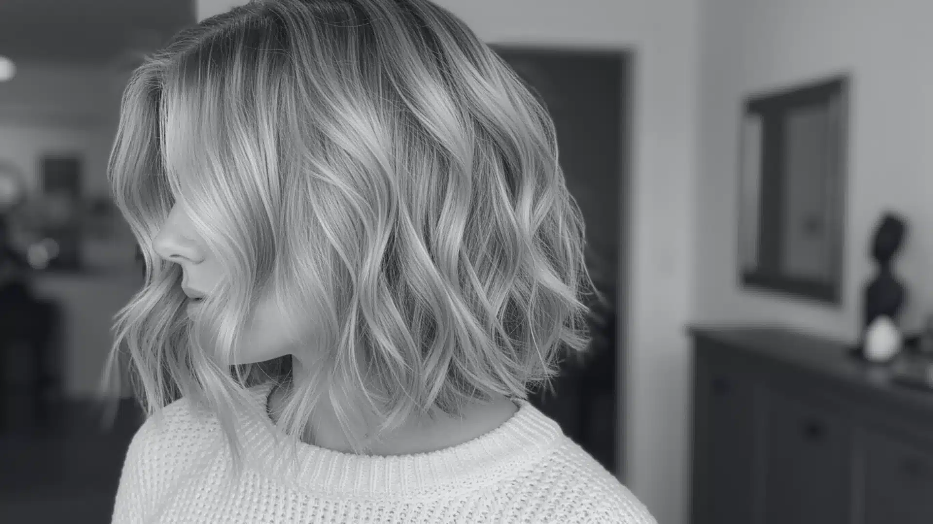 Woman with platinum blonde, wavy, textured lob haircut wearing a white knit sweater indoors.