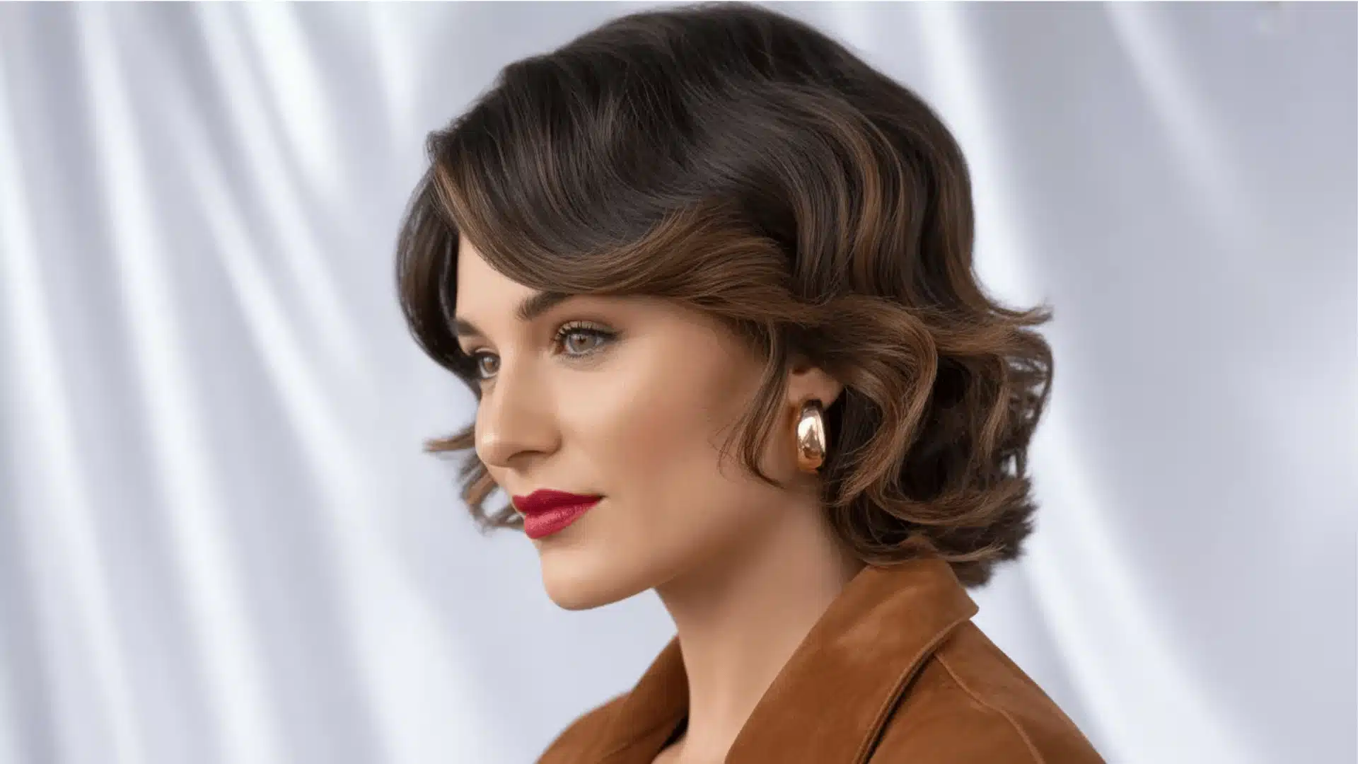 Woman with short wavy bob haircut, soft volume, side profile, styled ends and natural shine.