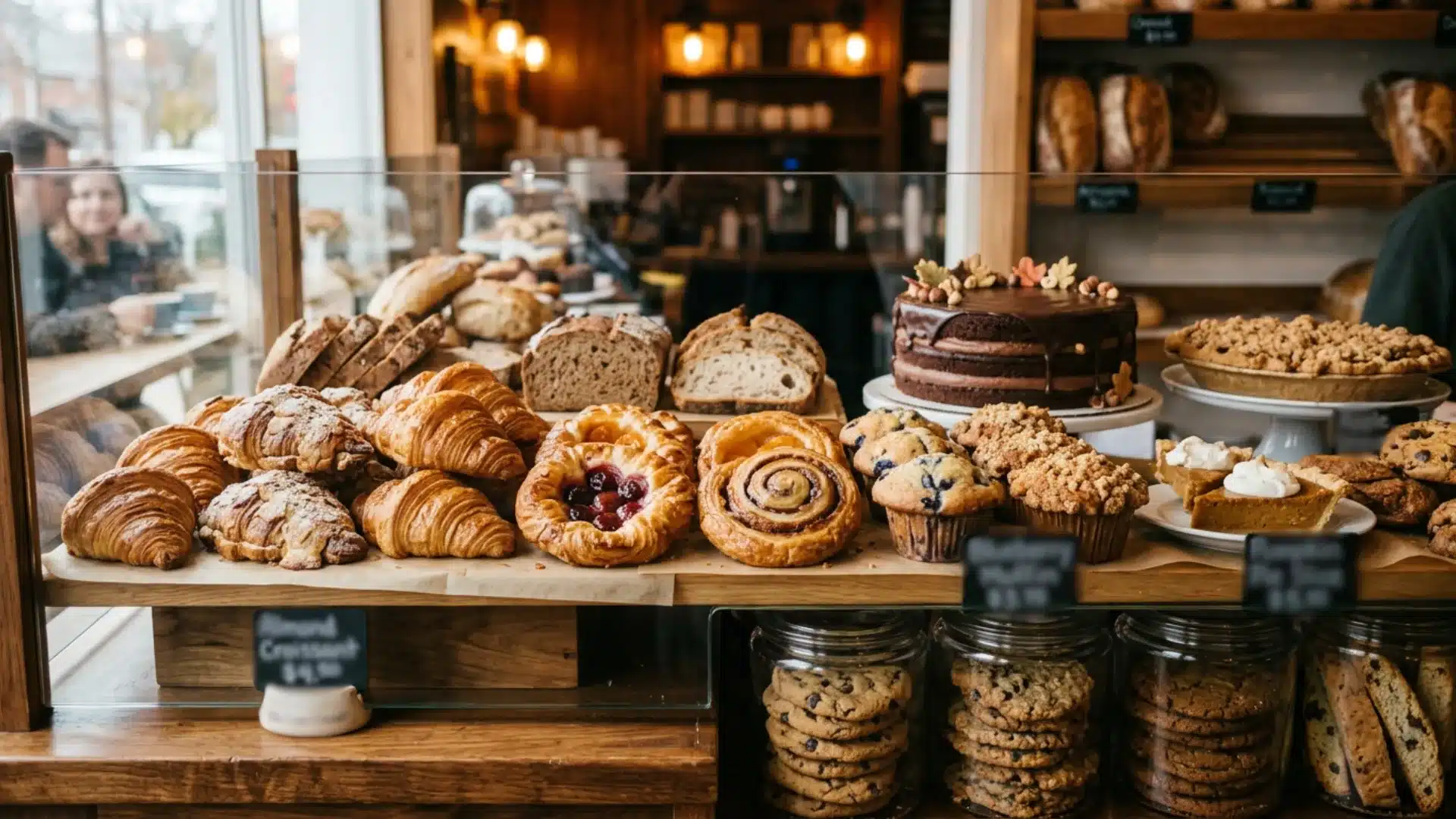 A bakery display case featuring croissants, sliced bread, a chocolate cake, pumpkin pie slices, muffins, and jars of cookies, with customers visible through the front window