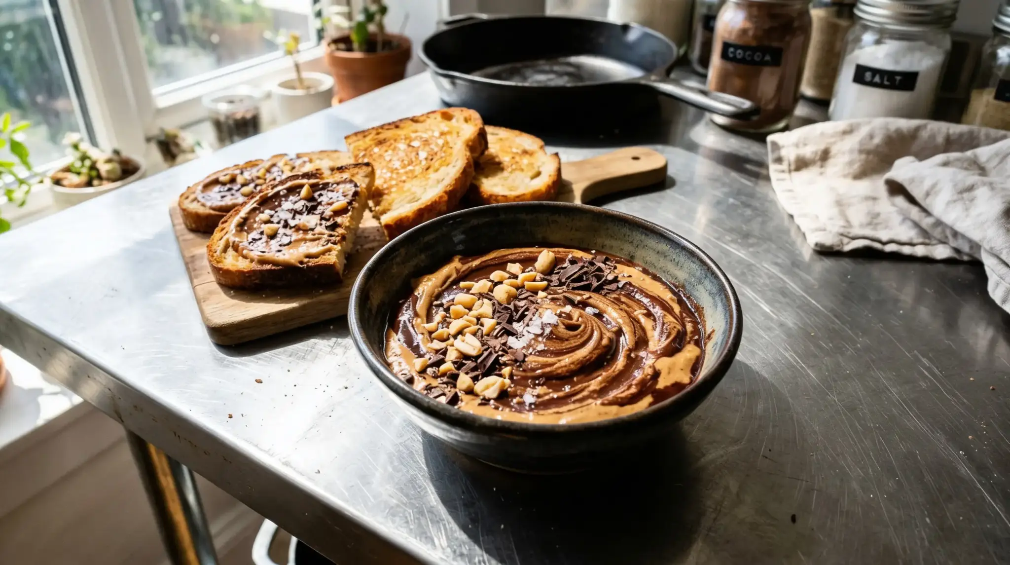 A bowl of swirled chocolate peanut butter topped with nuts and sea salt sits beside toast on a stainless steel counter near a bright window