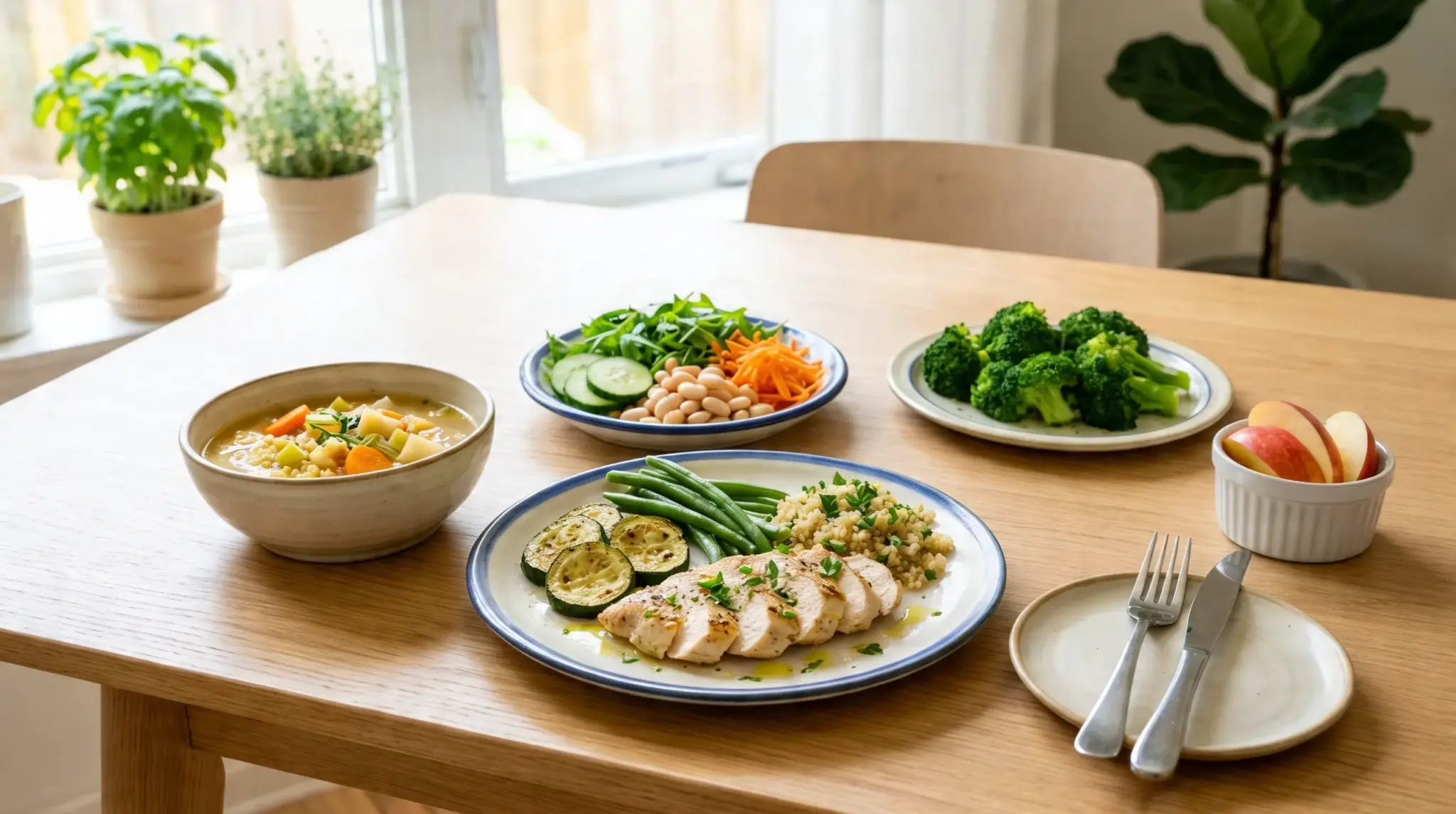 A bright, healthy meal spread featuring sliced chicken breast, quinoa, vegetables, soup, and fruit set on a table showing low histamine diet food