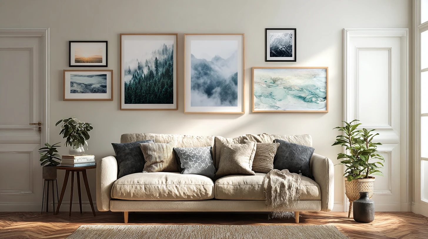 A bright living room featuring a beige sofa accented with dark pillows, centered beneath a gallery wall of framed nature themed art above hardwood floors.