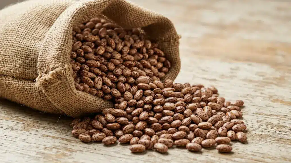 A burlap sack tipped over spills a pile of speckled pinto beans onto a rustic wooden surface