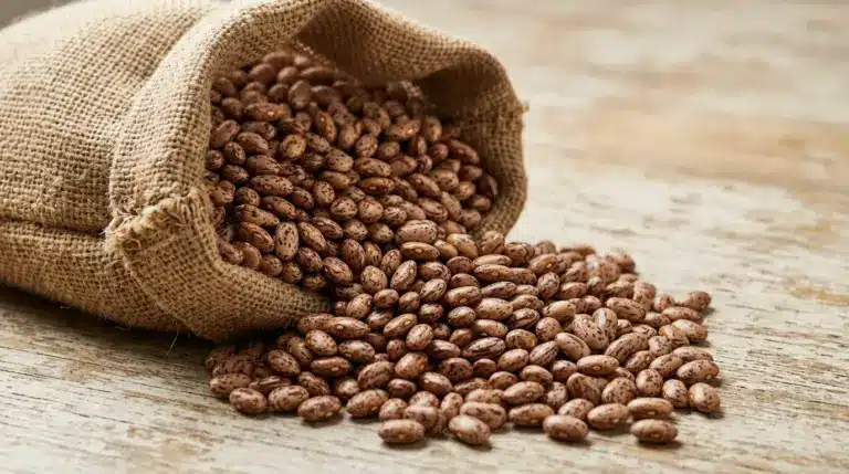 A burlap sack tipped over spills a pile of speckled pinto beans onto a rustic wooden surface