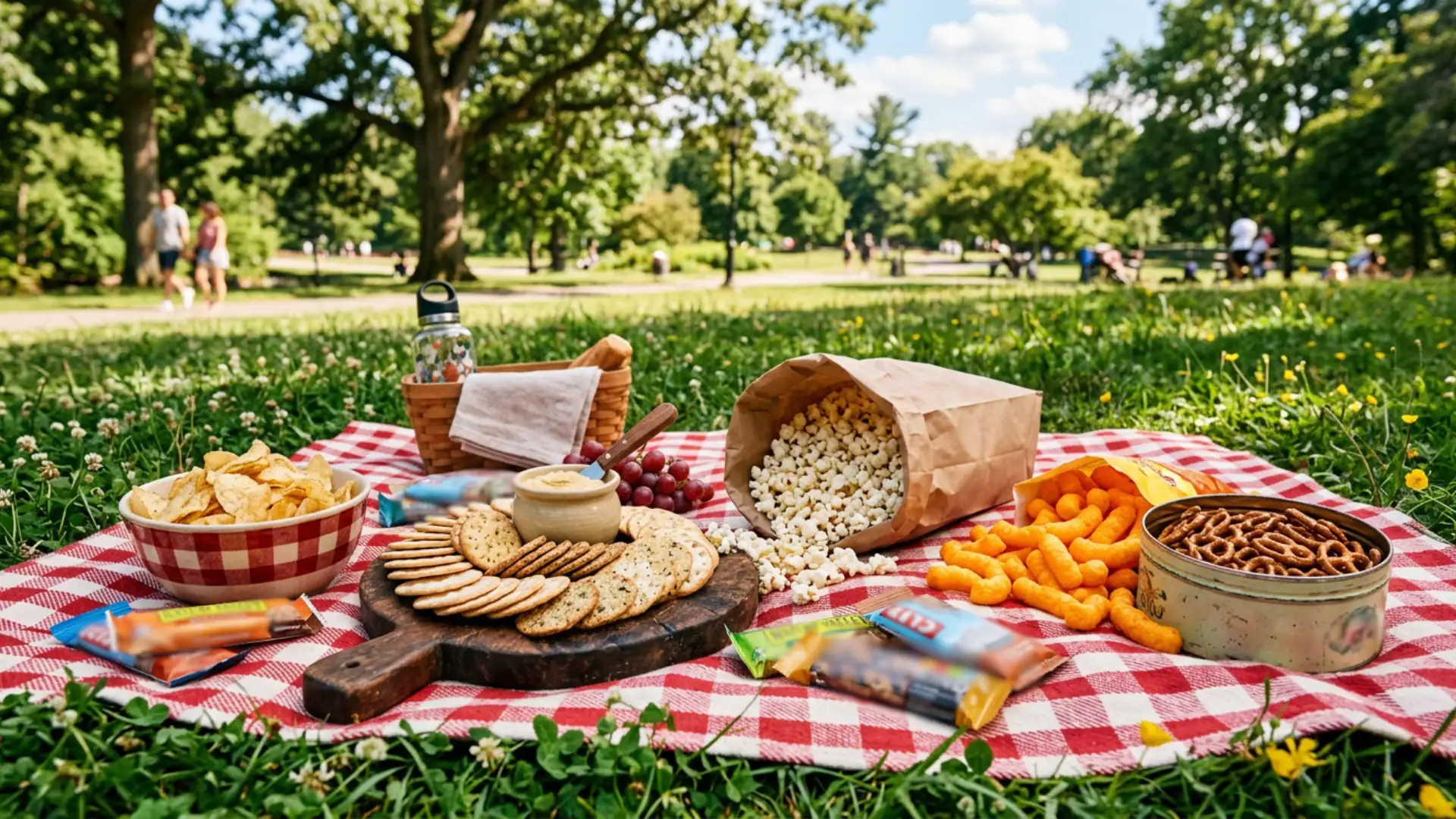 A close-up of a red and white checkered picnic blanket spread on grass, covered with chips, popcorn, pretzels, crackers, dip, and snack bars, with a park scene blurred in the background