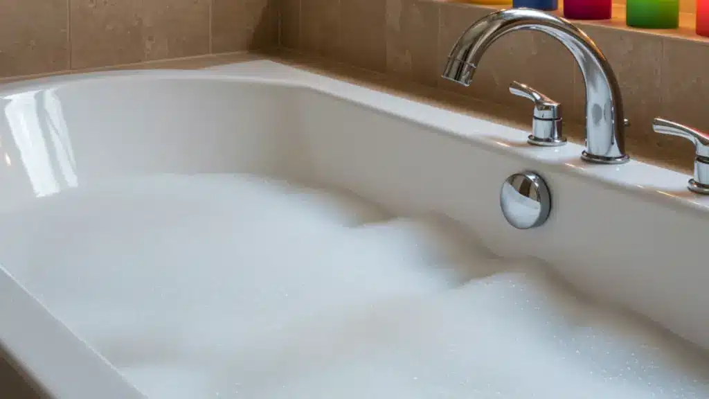 A close-up of a white bathtub filled with thick white bubbles and a chrome curved faucet against tan tiled walls