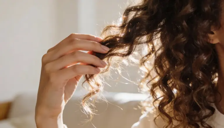 A close-up of a woman's hand gently touching glossy, sunlit healthy brown curly hair