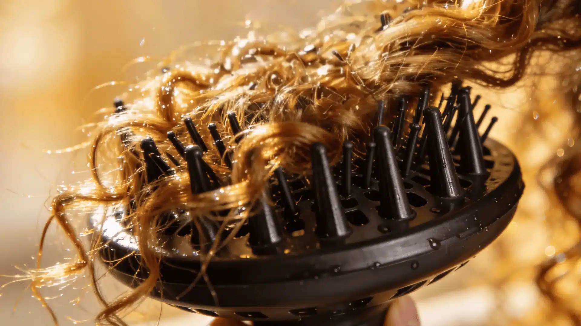 A close-up view of wet, curly golden-brown hair being diffused with a black, pronged hair dryer attachment