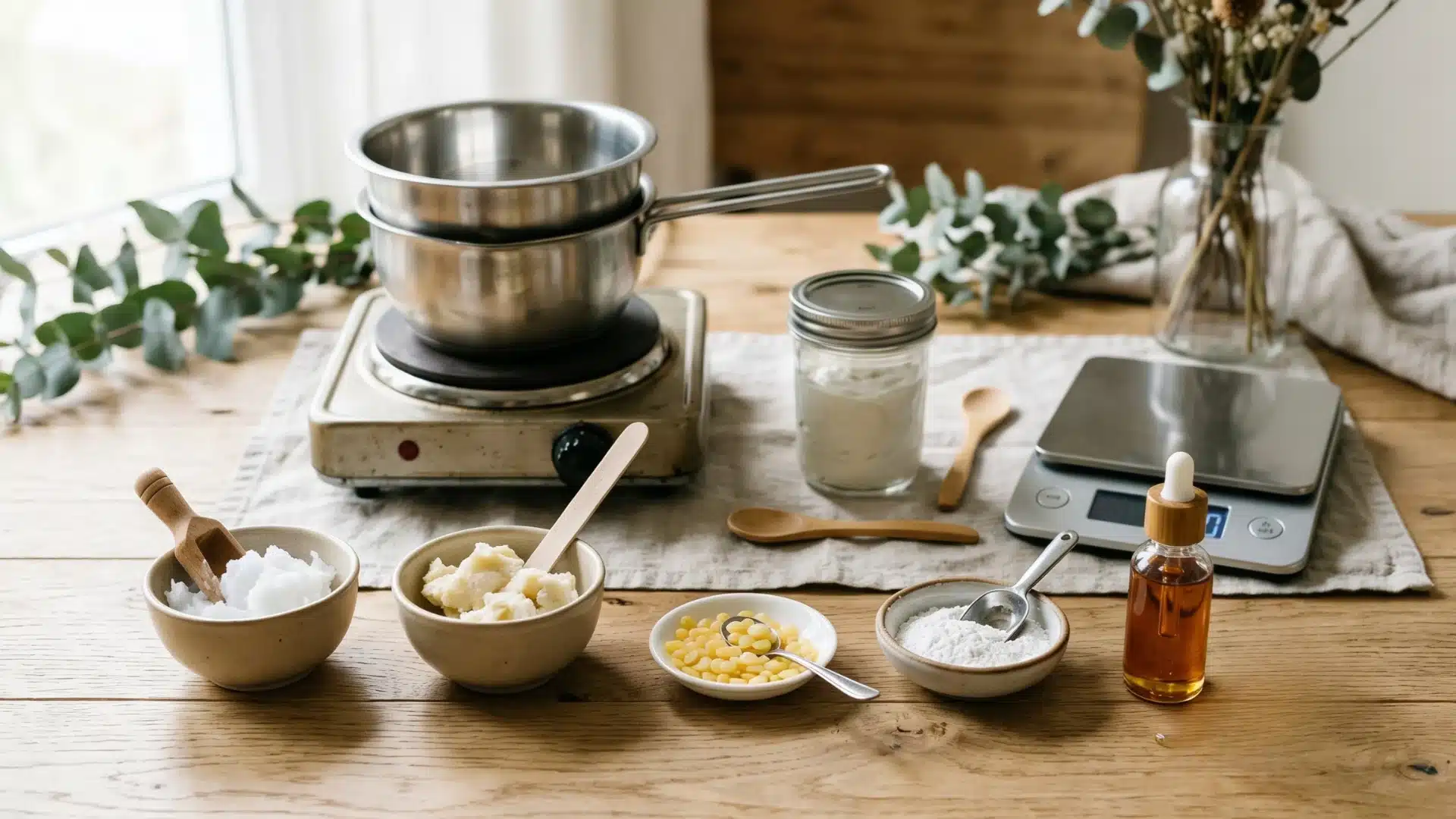 A collection of natural ingredients and tools, including a double boiler, scale, oils, and powders, are laid out on a wooden table for making homemade cosmetics