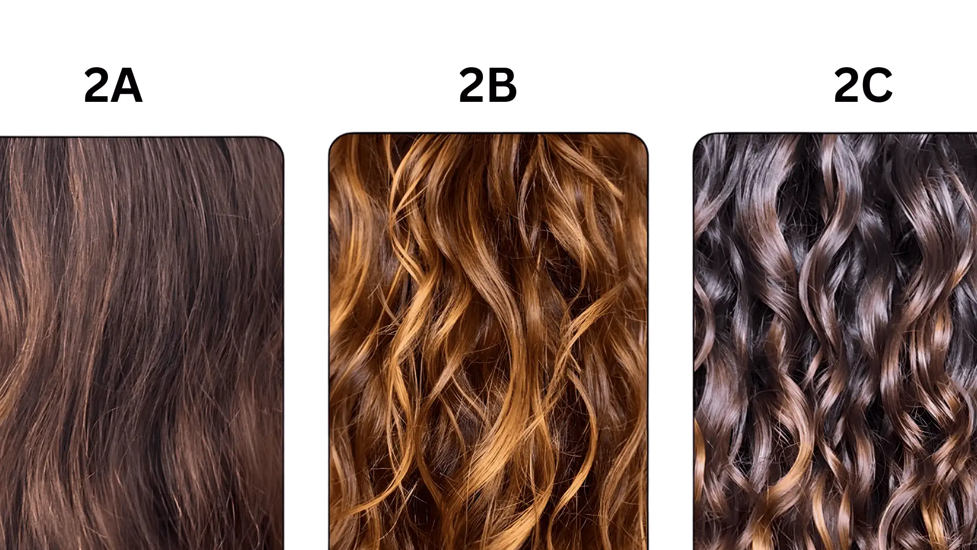 A comparison chart showing three wavy hair types labeled 2A, 2B, and 2C