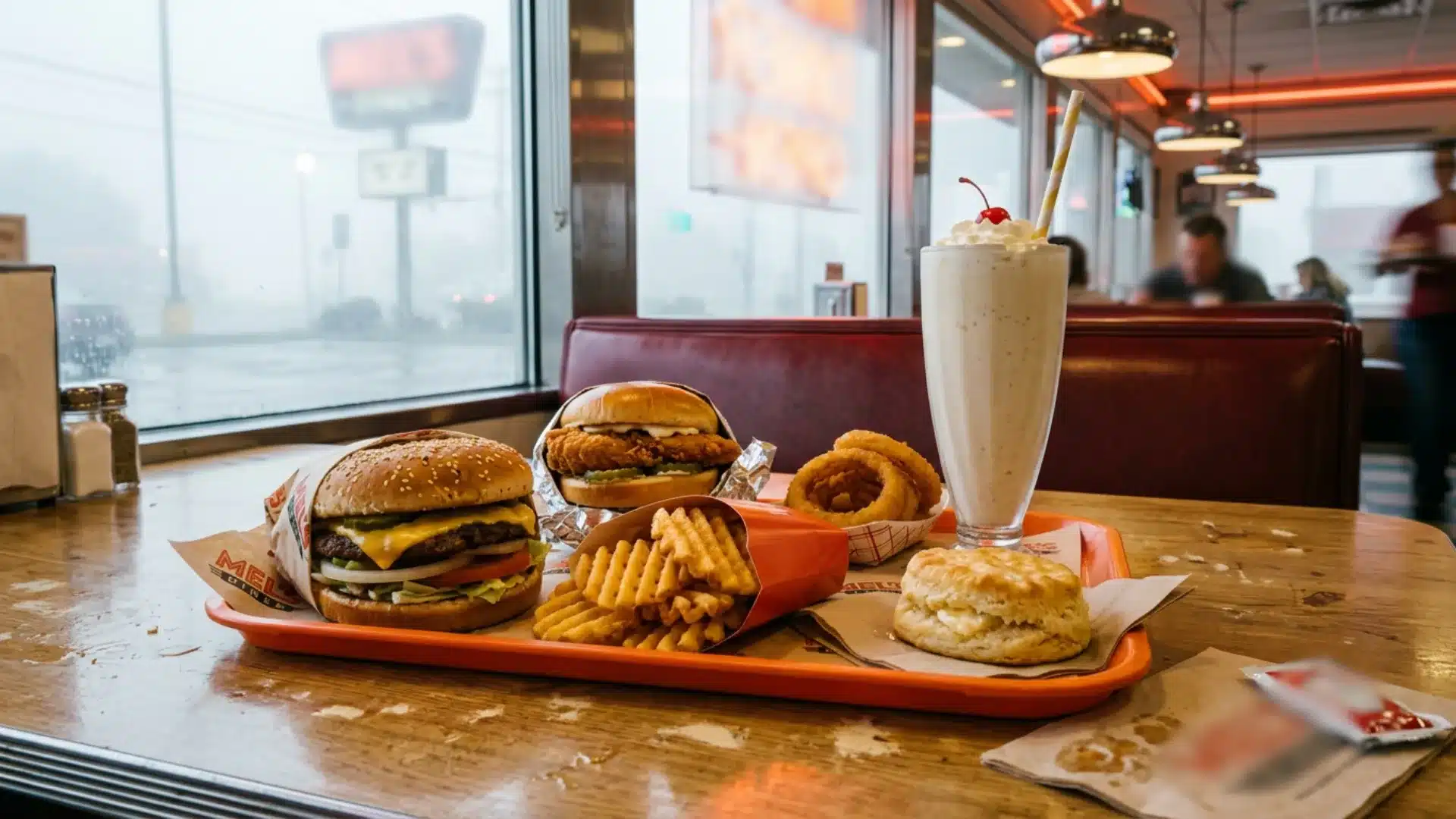 A diner tray holds a cheeseburger, a fried chicken sandwich, waffle fries, a biscuit, and a milkshake in front of a foggy window overlooking a road