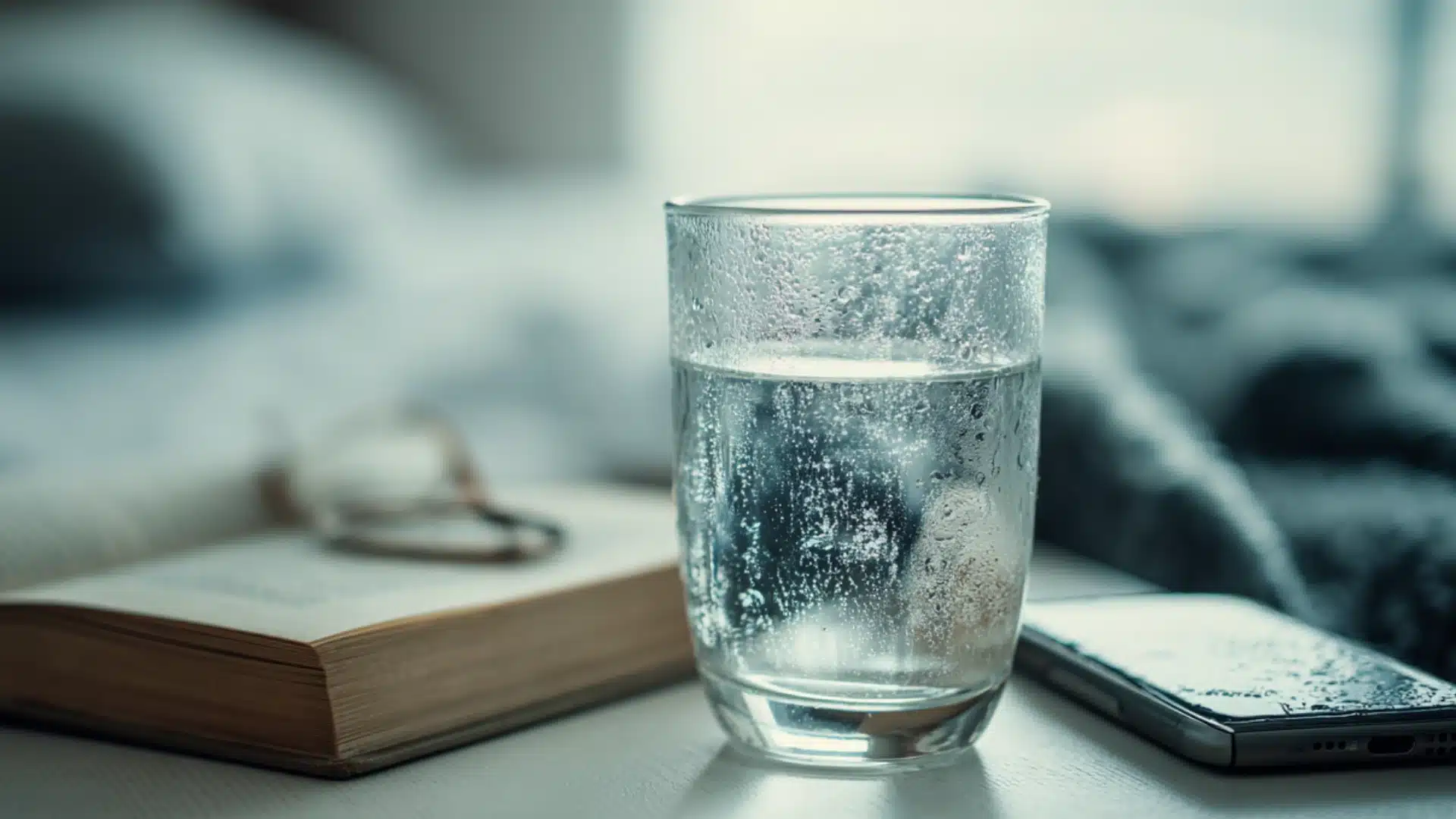 A glass of cold water with droplets sits on a nightstand next to an open book and a cell phone in a dimly lit bedroom