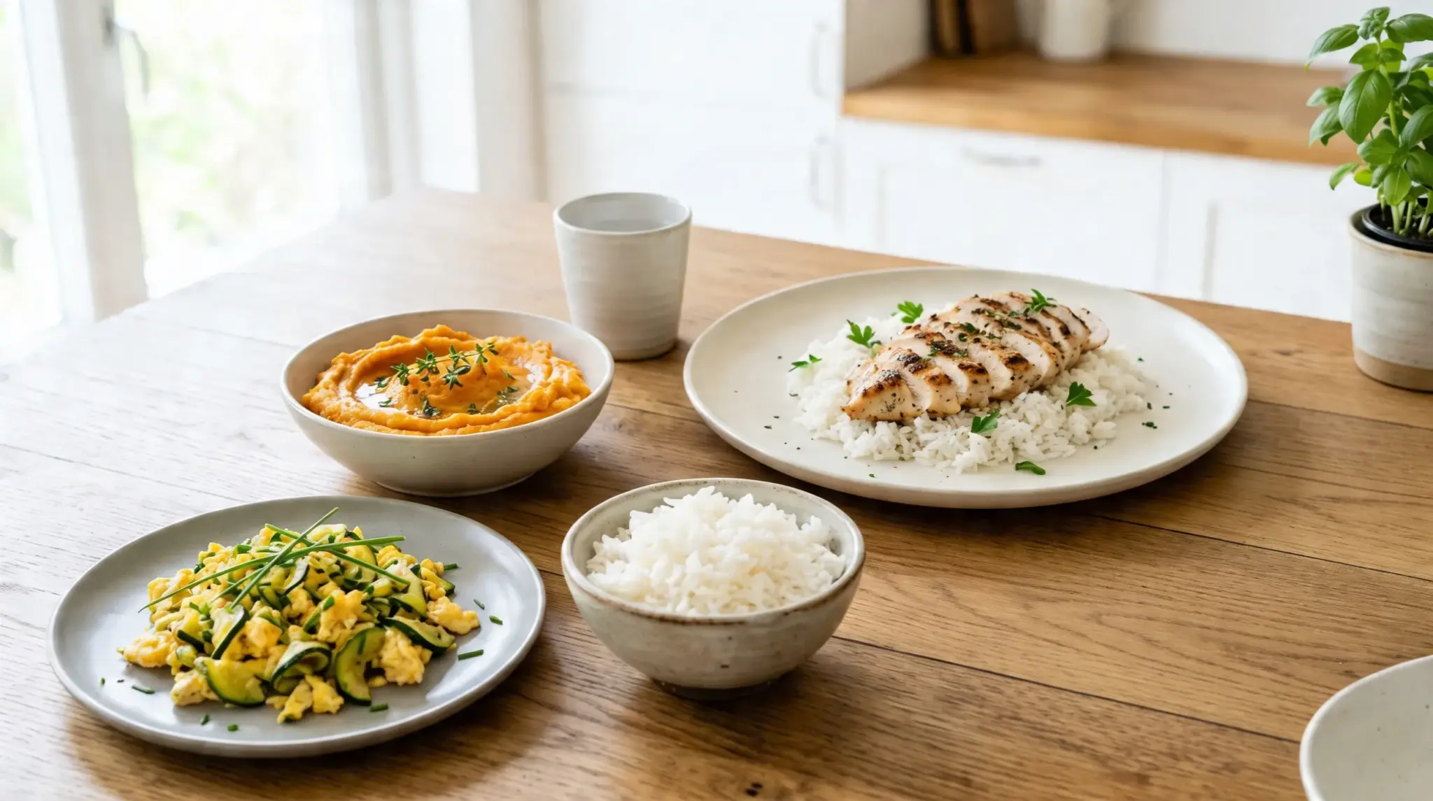 A healthy meal of grilled chicken breast over white rice, mashed sweet potatoes, and sautéed zucchini with eggs is displayed on a wooden table near a bright window