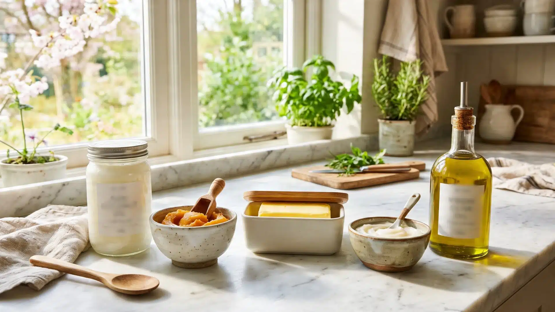 A kitchen counter featuring a bowl of butter, a jar of olive oil, and a wooden spoon arranged neatly