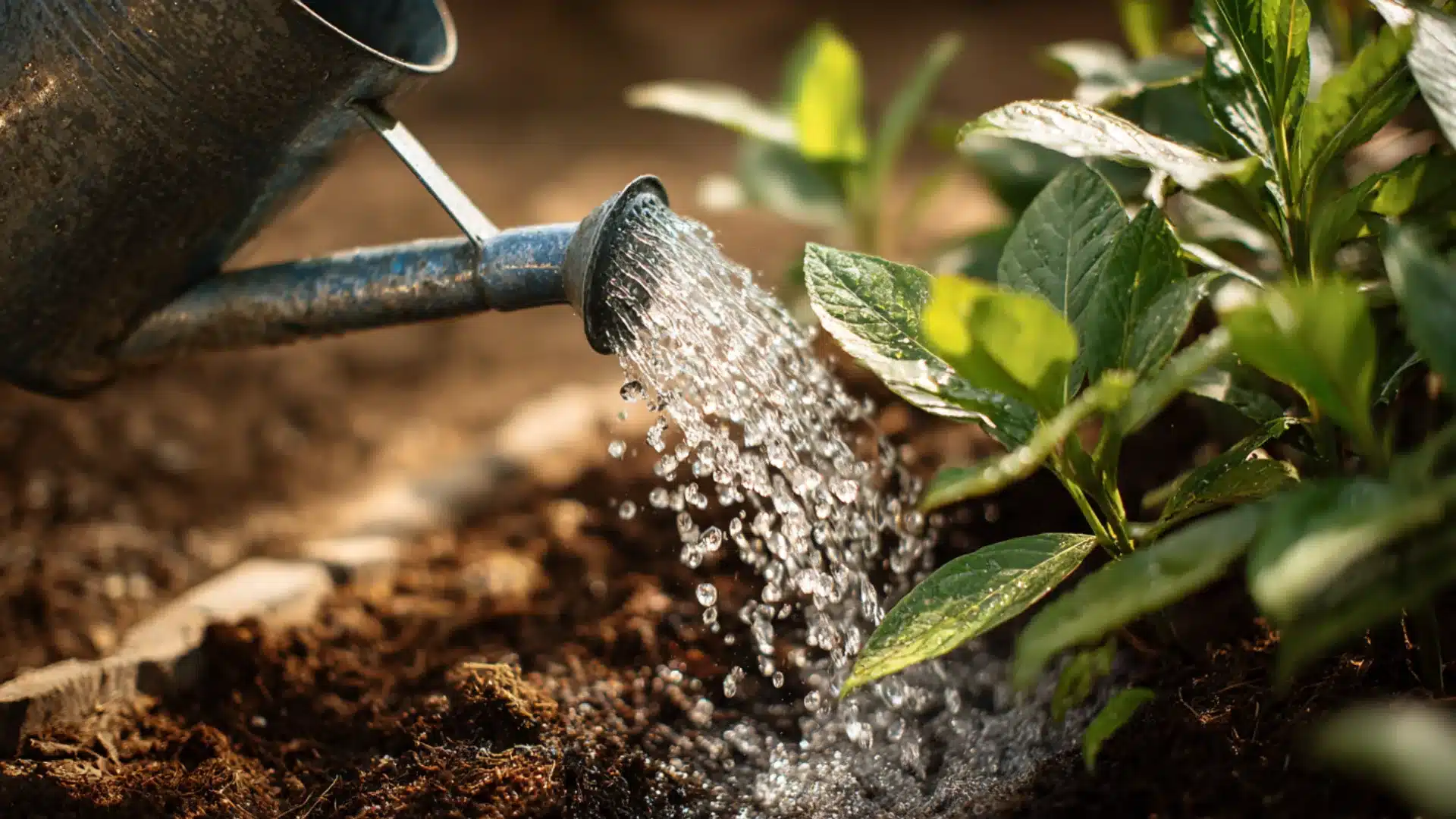 A metal watering can pours a stream of water onto small green plants in dark soil during a warm golden hour sunset light