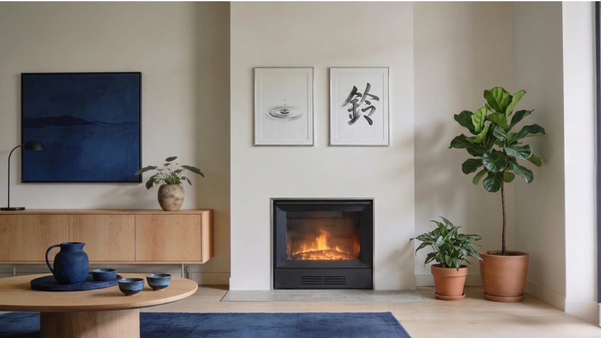 A minimalist living room featuring a modern fireplace centered between two framed artworks, flanked by houseplants and a wooden credenza with blue accents.