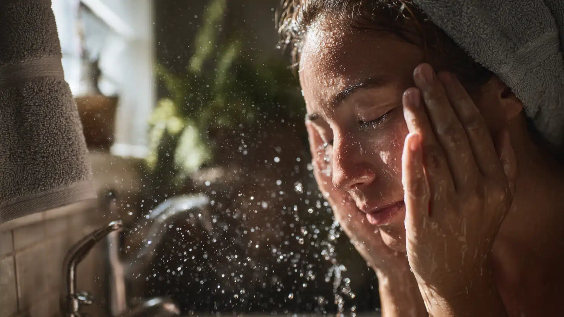 A person with a head towel splashes fresh water onto their face at a bathroom sink in the bright morning sunlight beam (1)