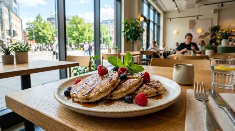 A plate of high protein pancakes with mint garnish sits on a wooden table inside a bright cafe with large windows overlooking a busy city street