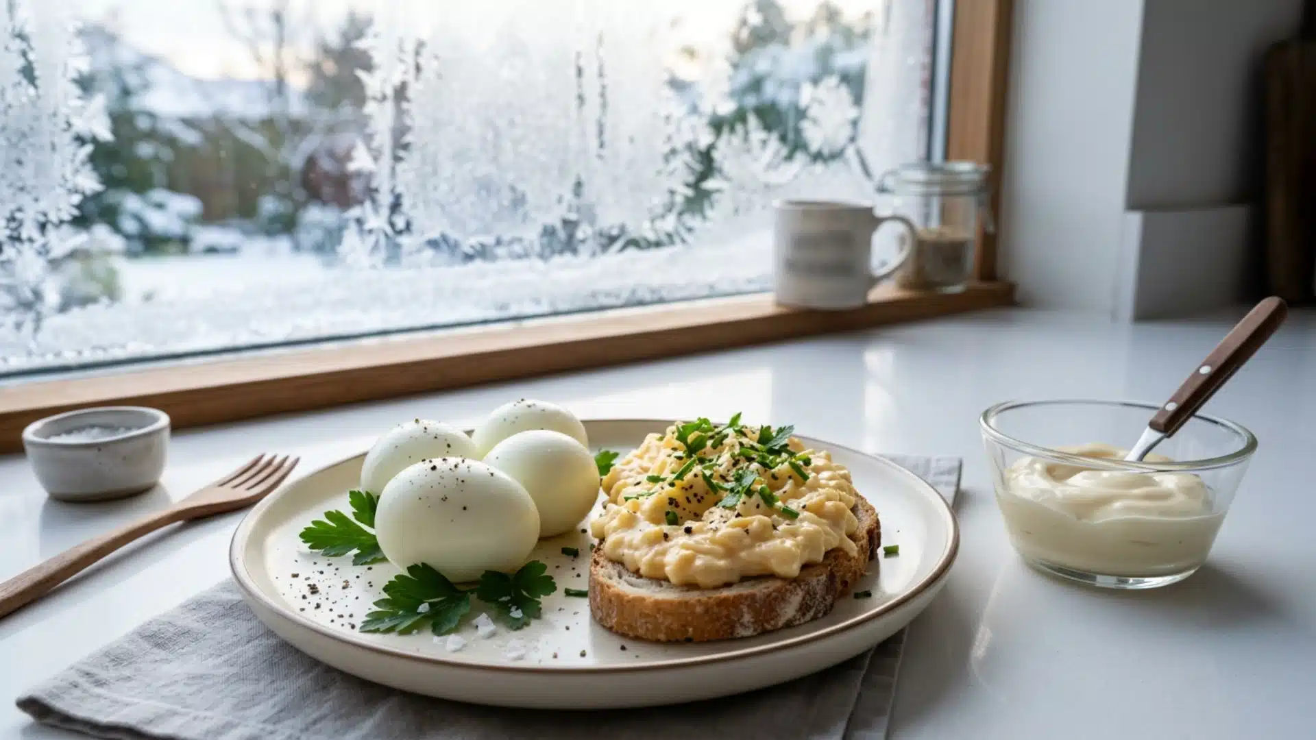 A plate with scrambled egg toast and whole hard-boiled eggs sits on a bright counter before a window frosted with intricate ice patterns overlooking a wintry landscape