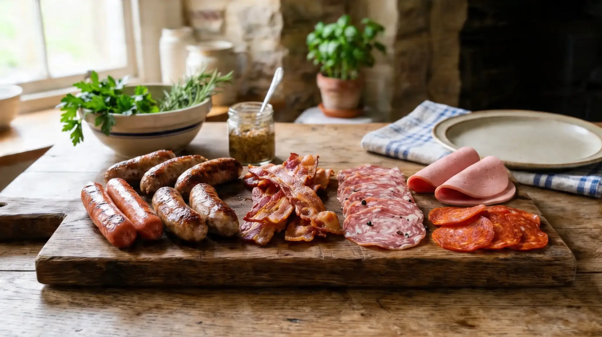 A rustic wooden board displays cooked sausages, crispy bacon, sliced salami, folded ham, and pepperoni alongside a jar of mustard and fresh herbs in a bright kitchen setting