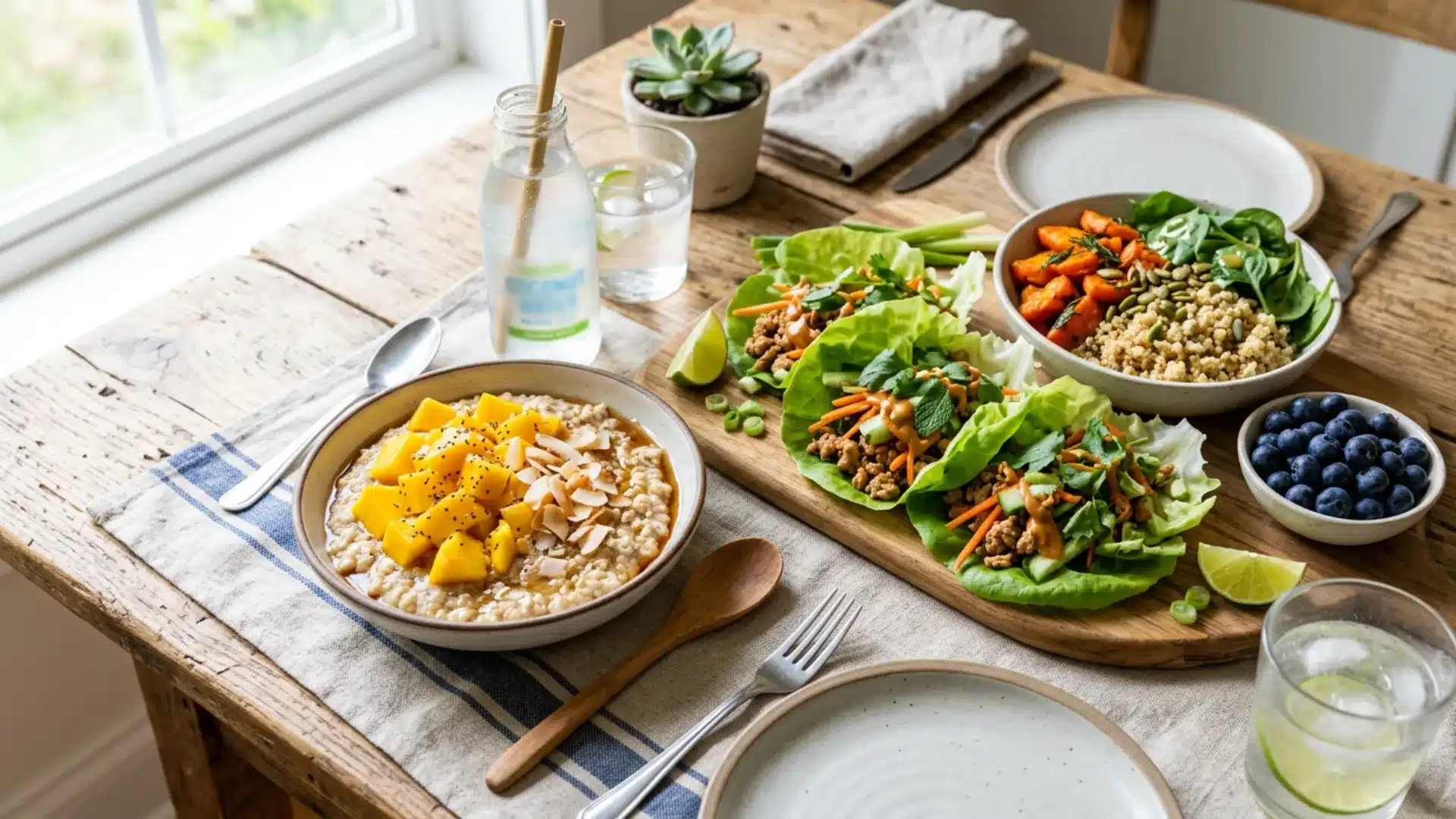 A rustic wooden table displays a healthy meal featuring mango oatmeal, lettuce wraps, a quinoa and vegetable bowl, and fresh blueberries, set near a bright window.