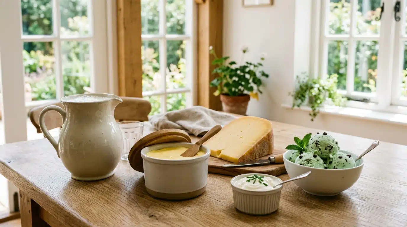 A rustic wooden table holds artisanal dairy products including a pitcher of milk, butter, a wedge of cheese, crème fraîche, and a bowl of mint chocolate chip ice cream, set against bright window light
