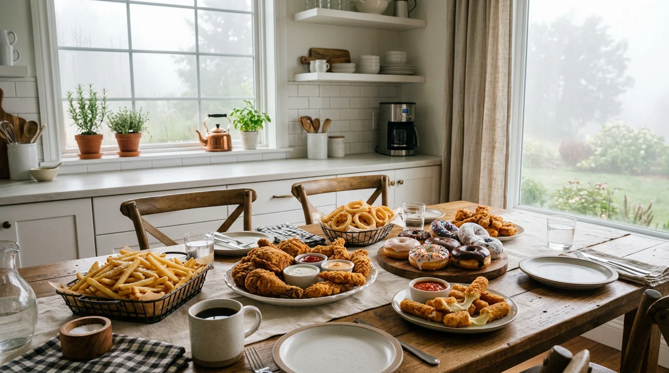 A rustic wooden table laden with fried chicken, french fries, onion rings, and frosted donuts is set in a bright kitchen with a foggy garden view outside the window