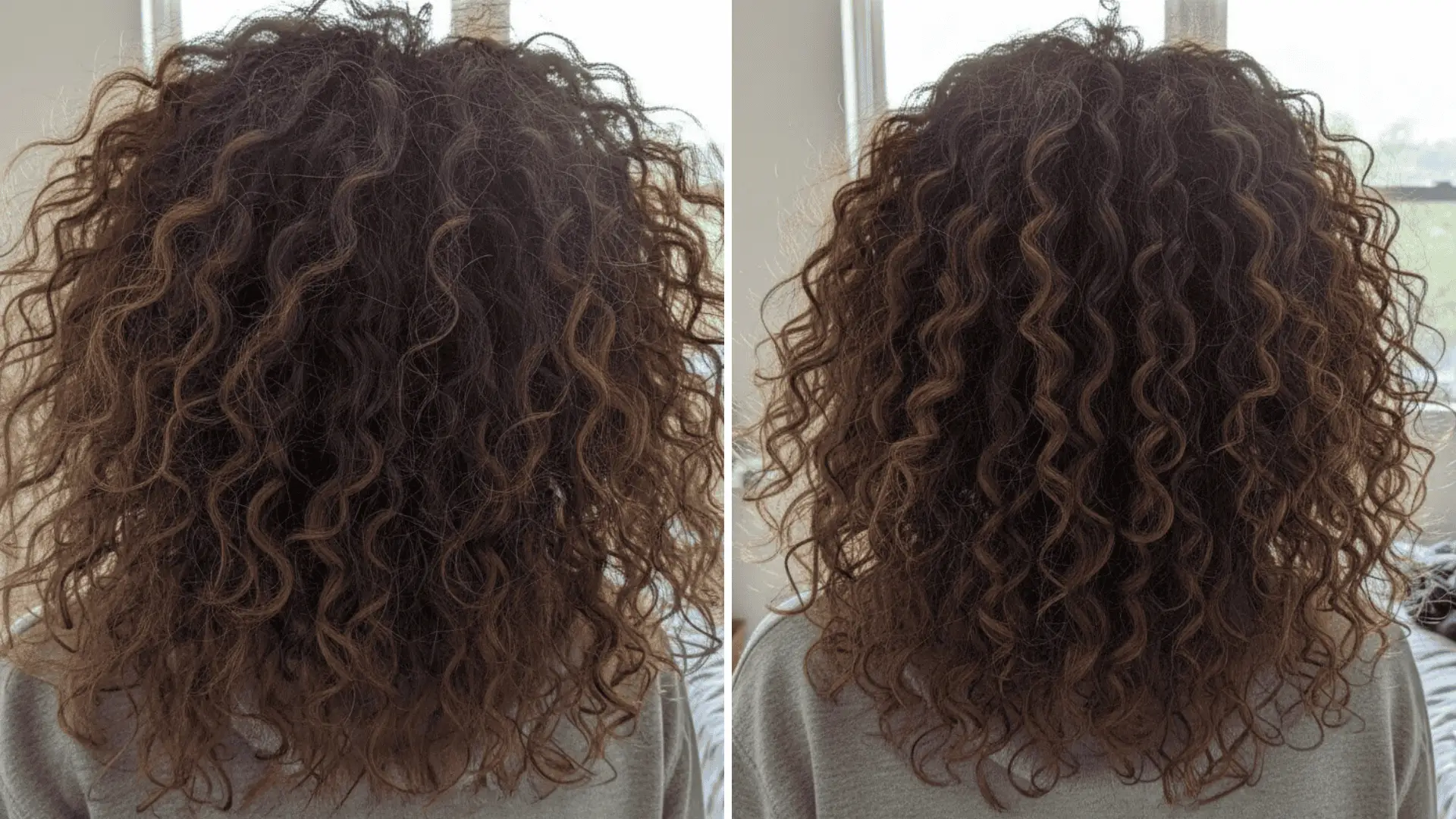 A side-by-side comparison showing before and after results of dark brown, medium-length curly hair