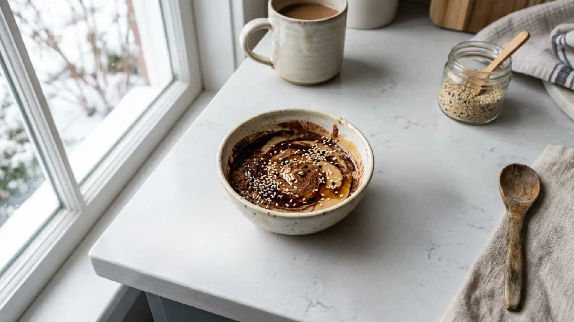 A speckled ceramic bowl of swirled chocolate and peanut butter topped with sesame seeds sits on a white countertop next to a mug and a jar, with a snowy window view in the background
