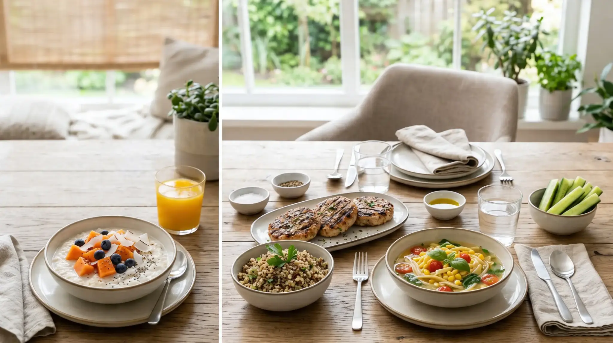 A split-image of a cozy brunch table with fruit-topped oatmeal, orange juice, grilled patties, quinoa, and soup